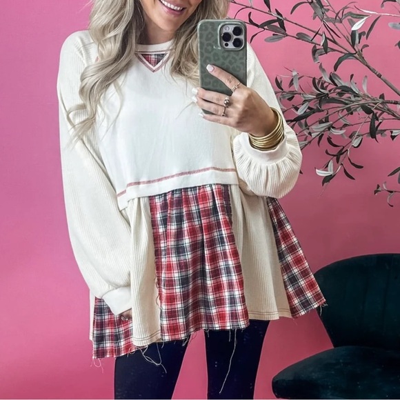 POL Tops - Plaid Patchwork Sweater